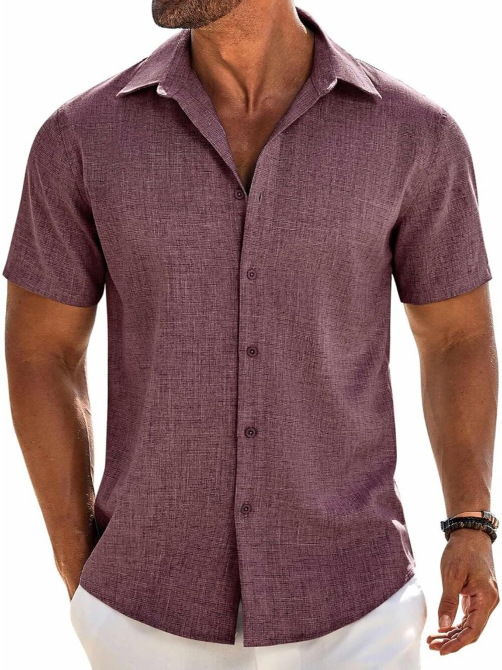 Men's Wine Red Short Sleeve Casual Beach Linen Imported Button Down Shirts